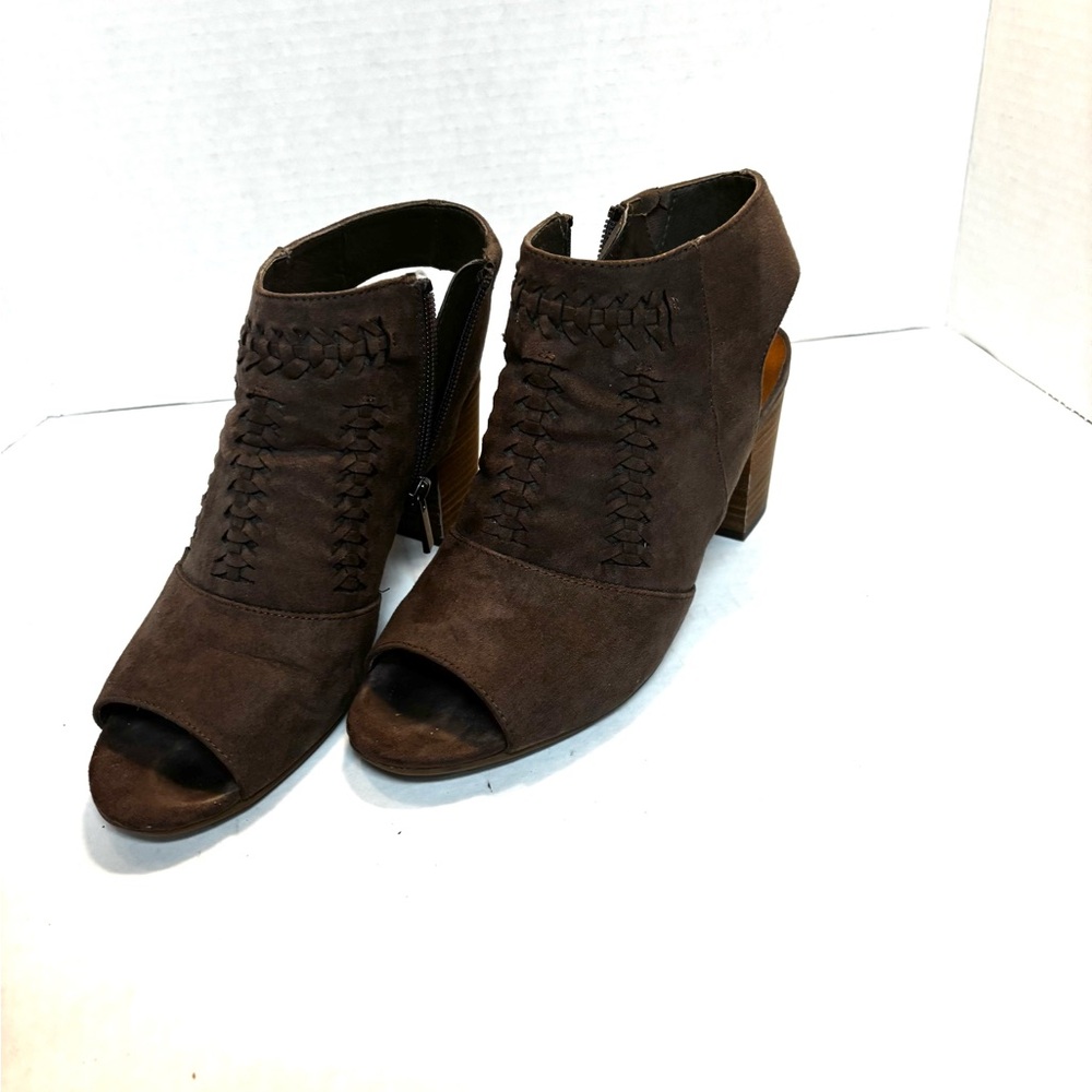Ruff Hewn Boots Womens 7.5M Pia Peep Toe Slingback Zip Bootie Brown Fabric Heels
